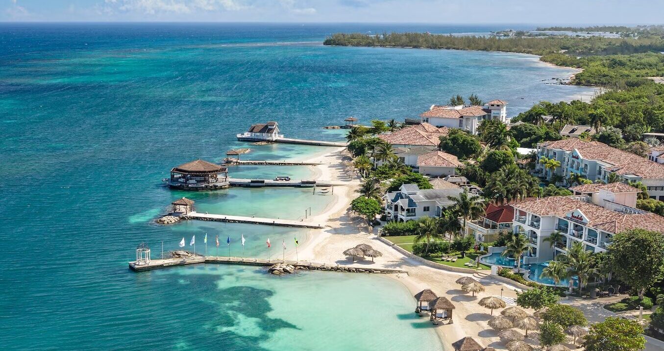 Aerial view of Sandals all-inclusive resort on the beach in Jamaica